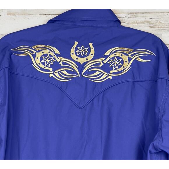 Ace of Diamond Shirt Mens XXL Blue Gold Pearl Snap Rockabilly Horseshoes USA - Picture 4 of 8